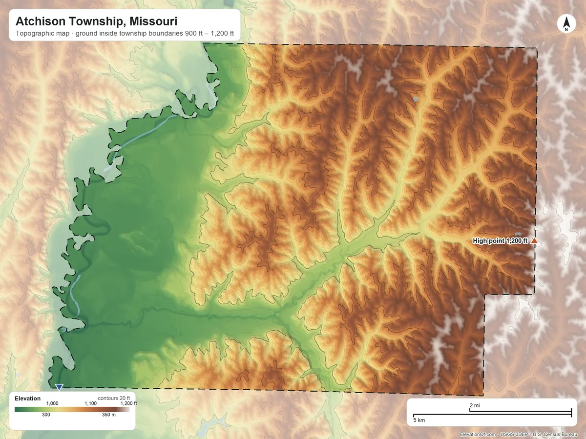 Topographic elevation map of Atchison Township, Missouri, shaded from 900 ft on the southwest side to 1,200 ft on the east side