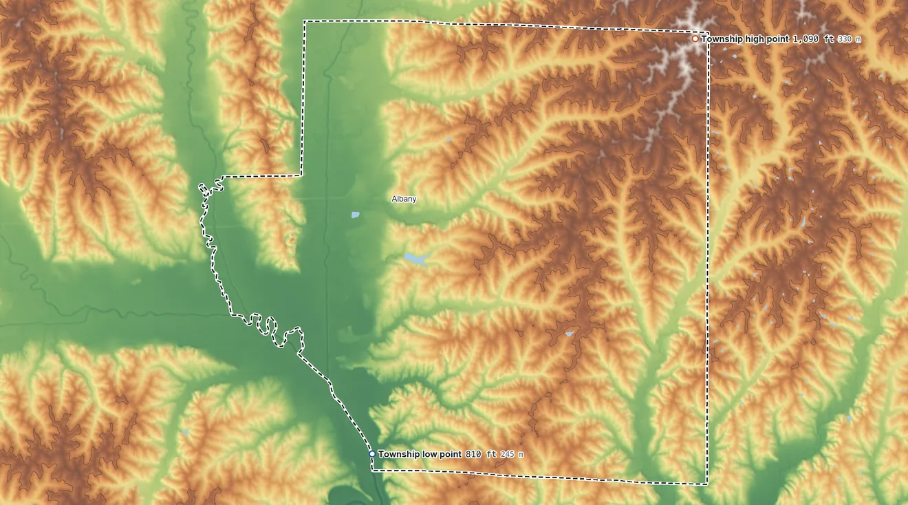 Topographic elevation map of Athens Township, Missouri, shaded from 810 ft on the south side to 1,090 ft on the northeast side