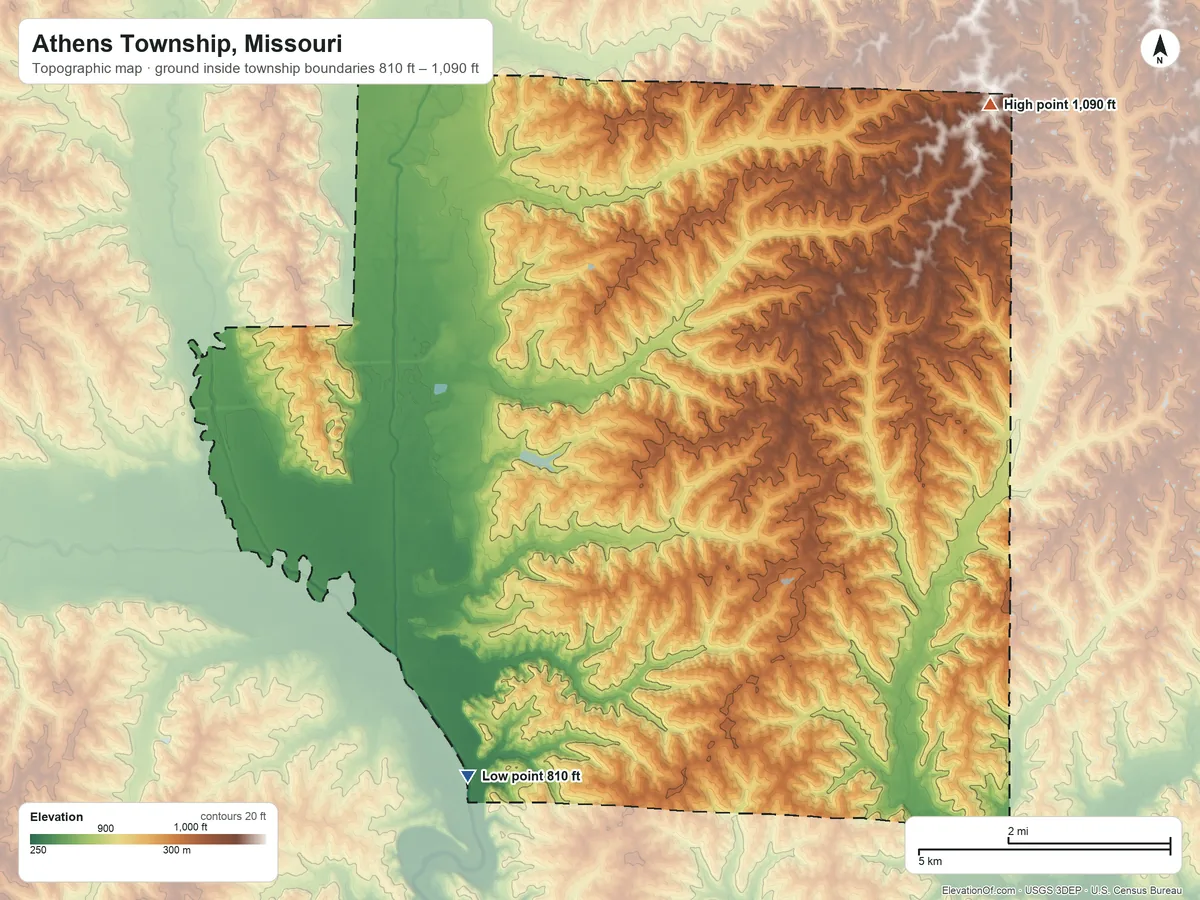 Topographic elevation map of Athens Township, Missouri, shaded from 810 ft on the south side to 1,090 ft on the northeast side