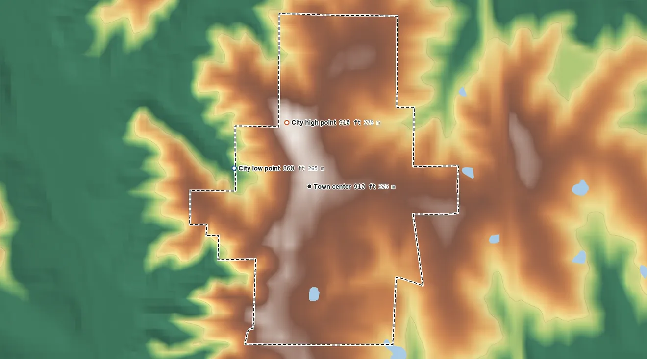 Topographic elevation map of Atlanta, Missouri, shaded from 860 ft on the west side to 910 ft on the north side