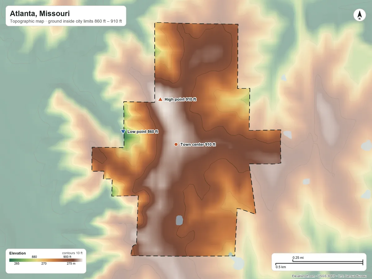 Topographic elevation map of Atlanta, Missouri, shaded from 860 ft on the west side to 910 ft on the north side