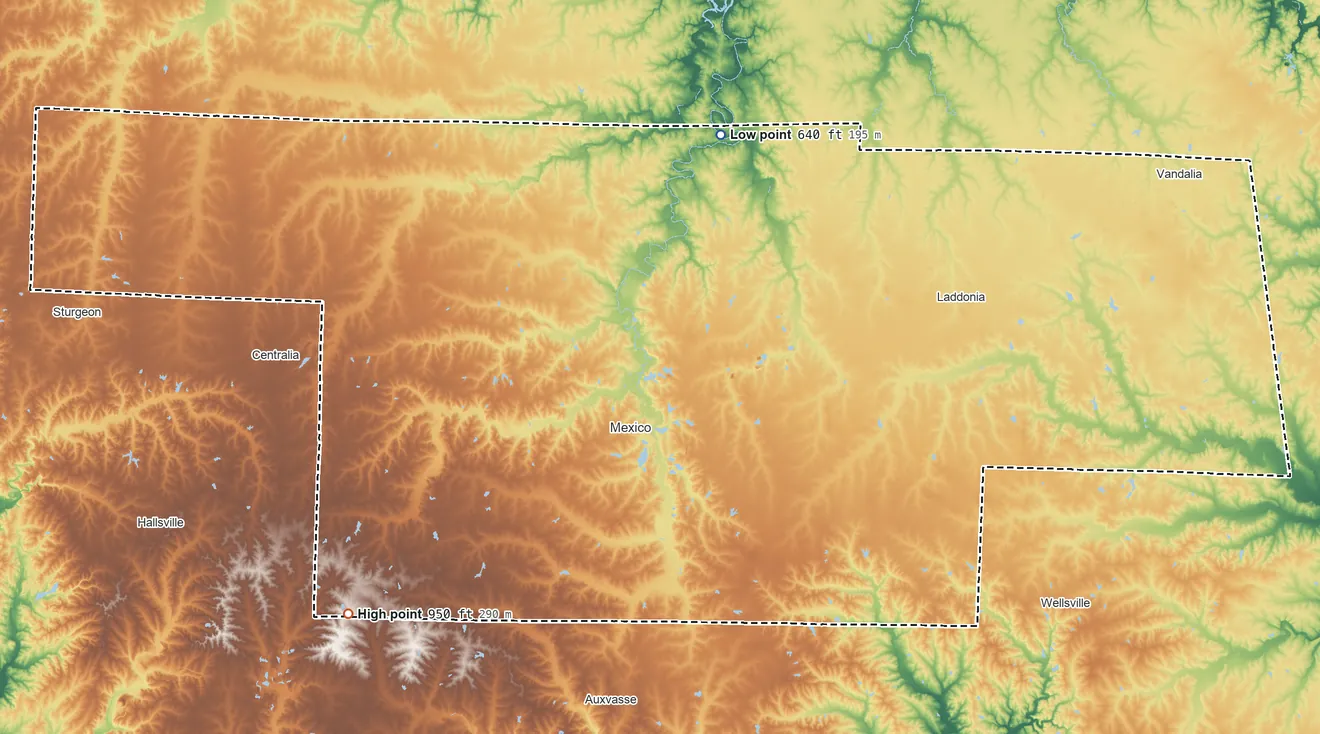 Topographic elevation map of Audrain County, Missouri, shaded from 640 ft on the north side to 950 ft on the southwest side
