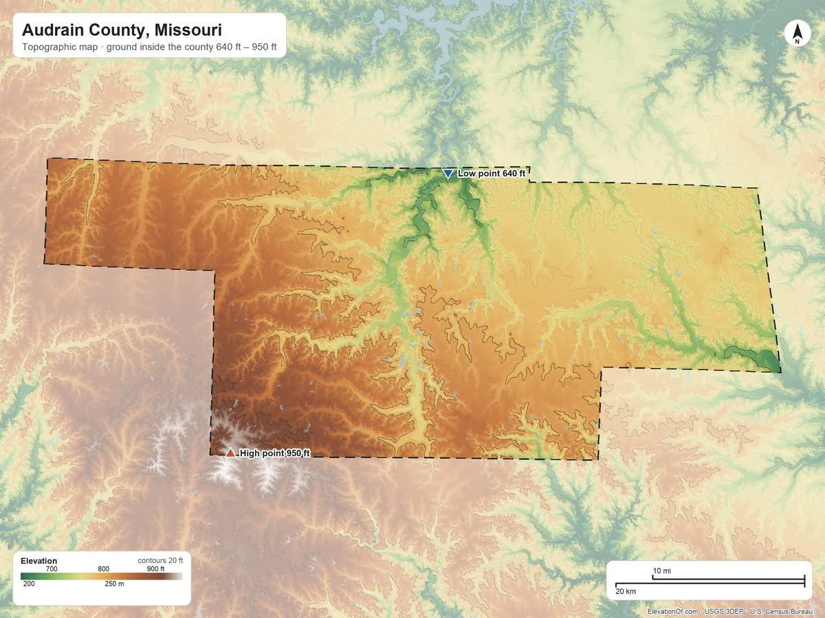 Topographic elevation map of Audrain County, Missouri, shaded from 640 ft on the north side to 950 ft on the southwest side