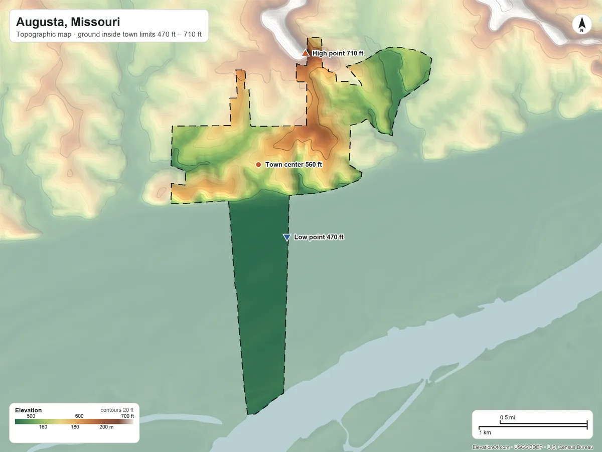Topographic elevation map of Augusta, Missouri, shaded from 470 ft on the south side to 710 ft on the northeast side