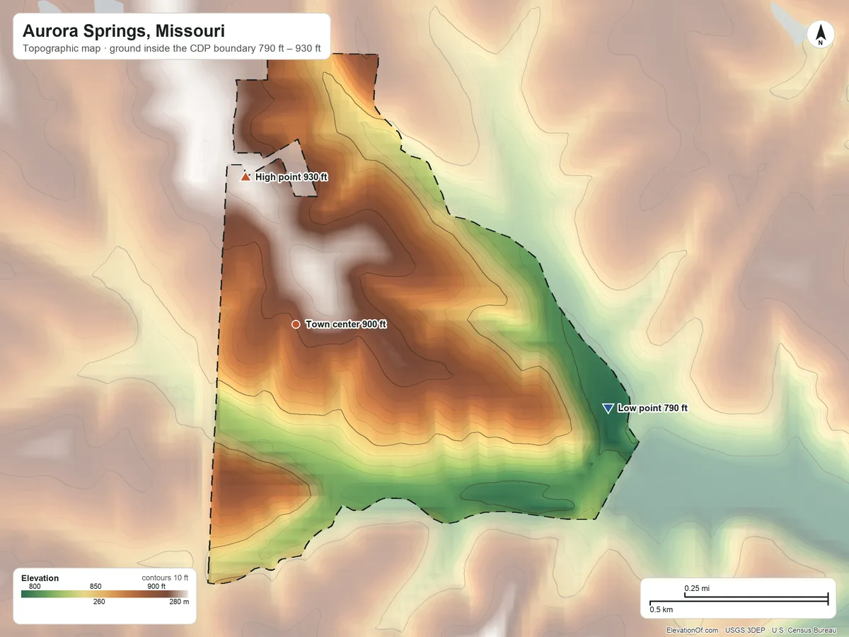 Topographic elevation map of Aurora Springs, Missouri, shaded from 790 ft on the east side to 930 ft on the north side