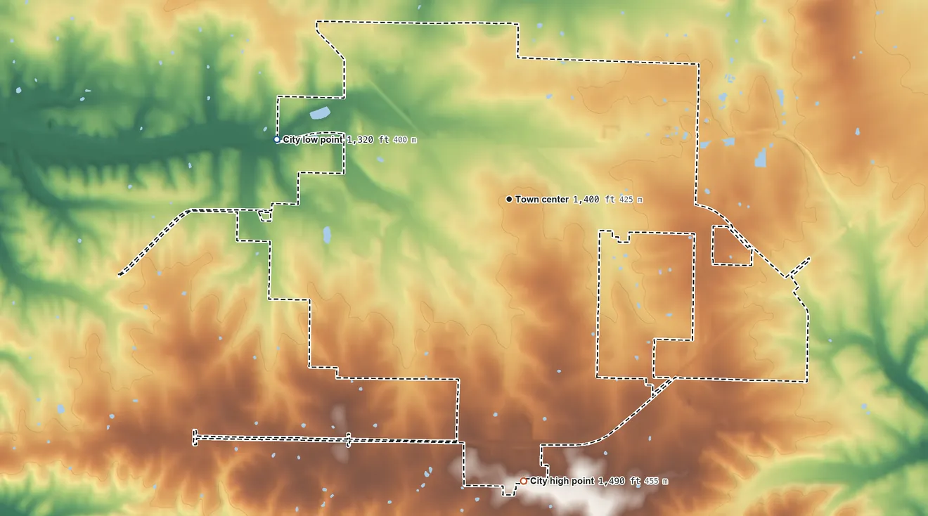 Topographic elevation map of Aurora, Missouri, shaded from 1,320 ft on the west side to 1,490 ft on the south side