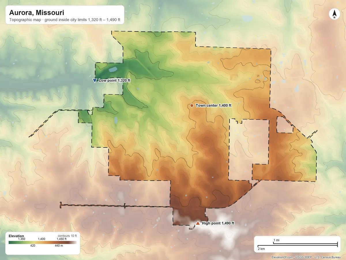 Topographic elevation map of Aurora, Missouri, shaded from 1,320 ft on the west side to 1,490 ft on the south side