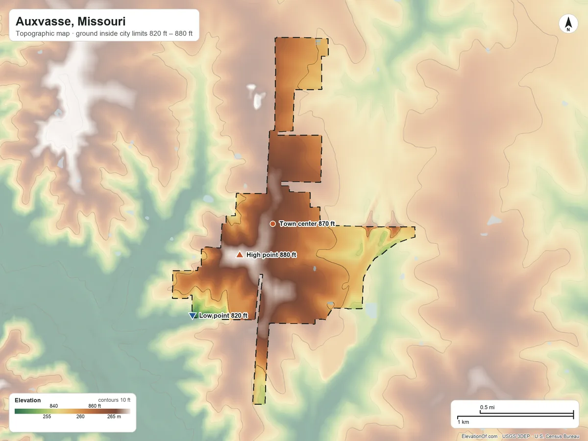 Topographic elevation map of Auxvasse, Missouri, shaded from 820 ft on the southwest side to 880 ft on the southwest side