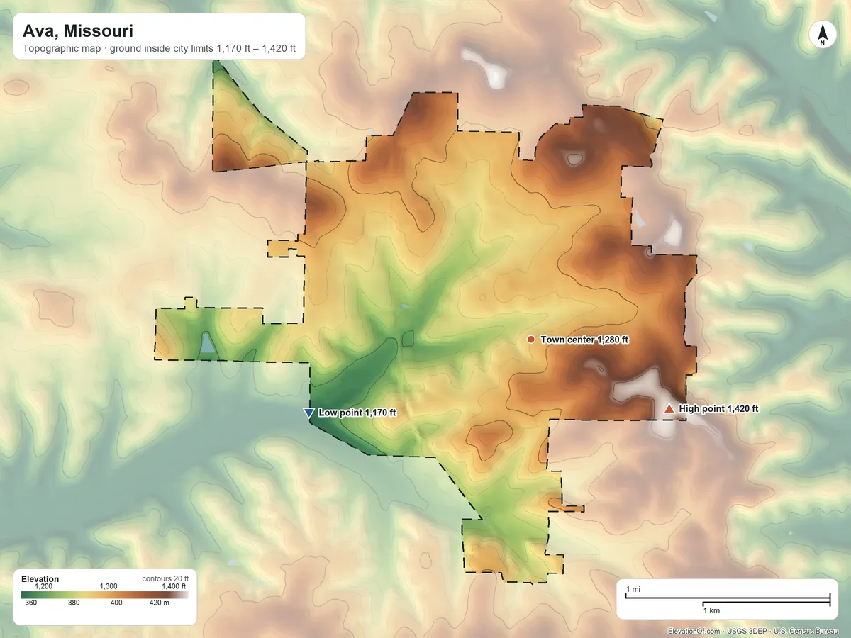 Topographic elevation map of Ava, Missouri, shaded from 1,170 ft on the west side to 1,420 ft on the southeast side