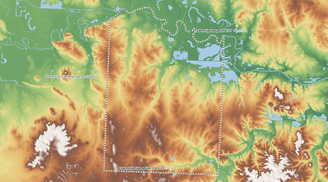 Topographic elevation map of Bacon Township, Missouri, shaded from 700 ft on the northeast side to 890 ft on the southwest side