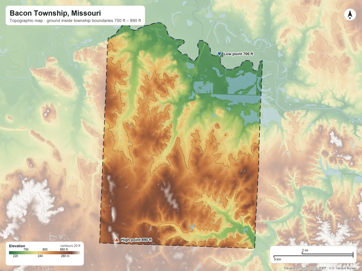 Topographic elevation map of Bacon Township, Missouri, shaded from 700 ft on the northeast side to 890 ft on the southwest side