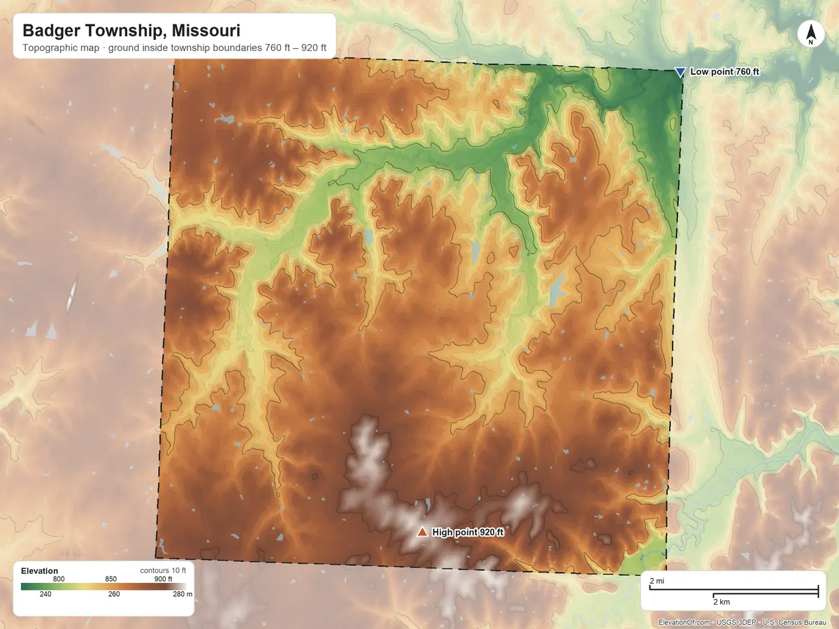 Topographic elevation map of Badger Township, Missouri, shaded from 760 ft on the northeast side to 920 ft on the south side