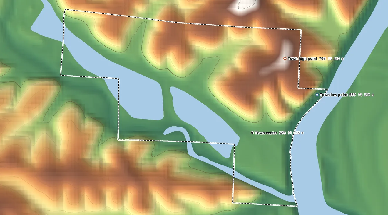 Topographic elevation map of Bagnell, Missouri, shaded from 550 ft on the northeast side to 790 ft on the northeast side
