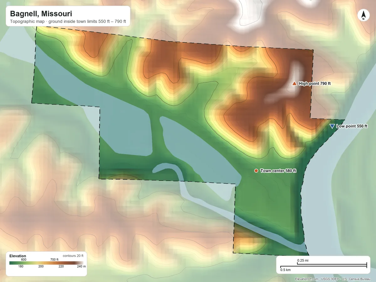 Topographic elevation map of Bagnell, Missouri, shaded from 550 ft on the northeast side to 790 ft on the northeast side