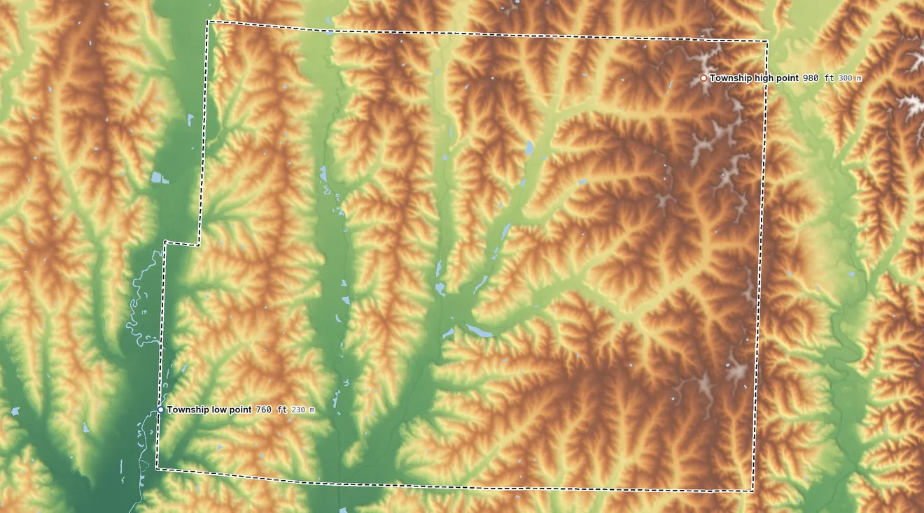 Topographic elevation map of Baker Township, Missouri, shaded from 760 ft on the southwest side to 980 ft on the northeast side