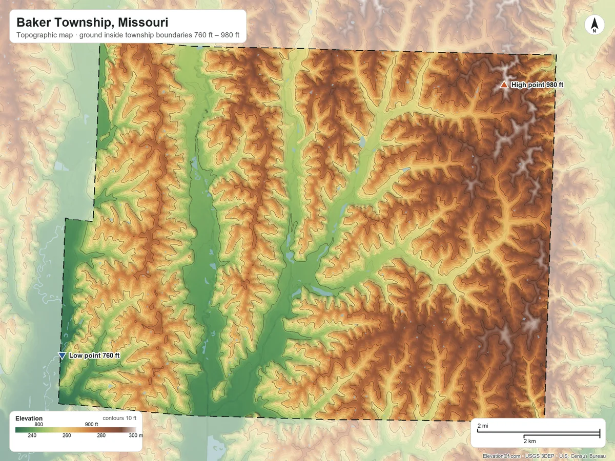 Topographic elevation map of Baker Township, Missouri, shaded from 760 ft on the southwest side to 980 ft on the northeast side