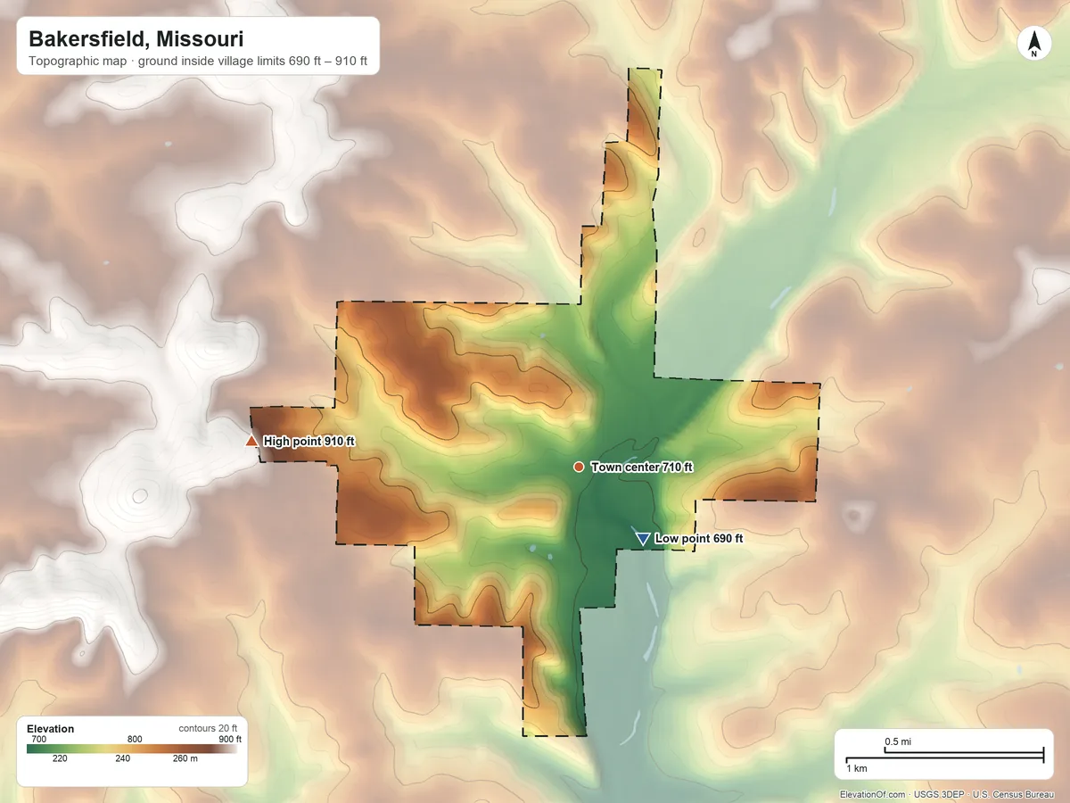 Topographic elevation map of Bakersfield, Missouri, shaded from 690 ft on the southeast side to 910 ft on the west side