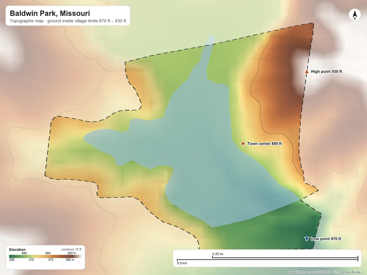 Topographic elevation map of Baldwin Park, Missouri, shaded from 870 ft on the southeast side to 930 ft on the northeast side