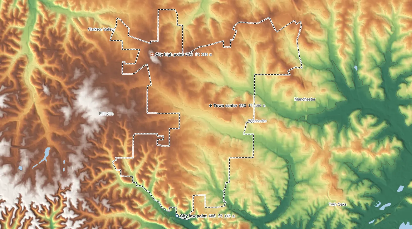 Topographic elevation map of Ballwin, Missouri, shaded from 480 ft on the south side to 750 ft on the northwest side