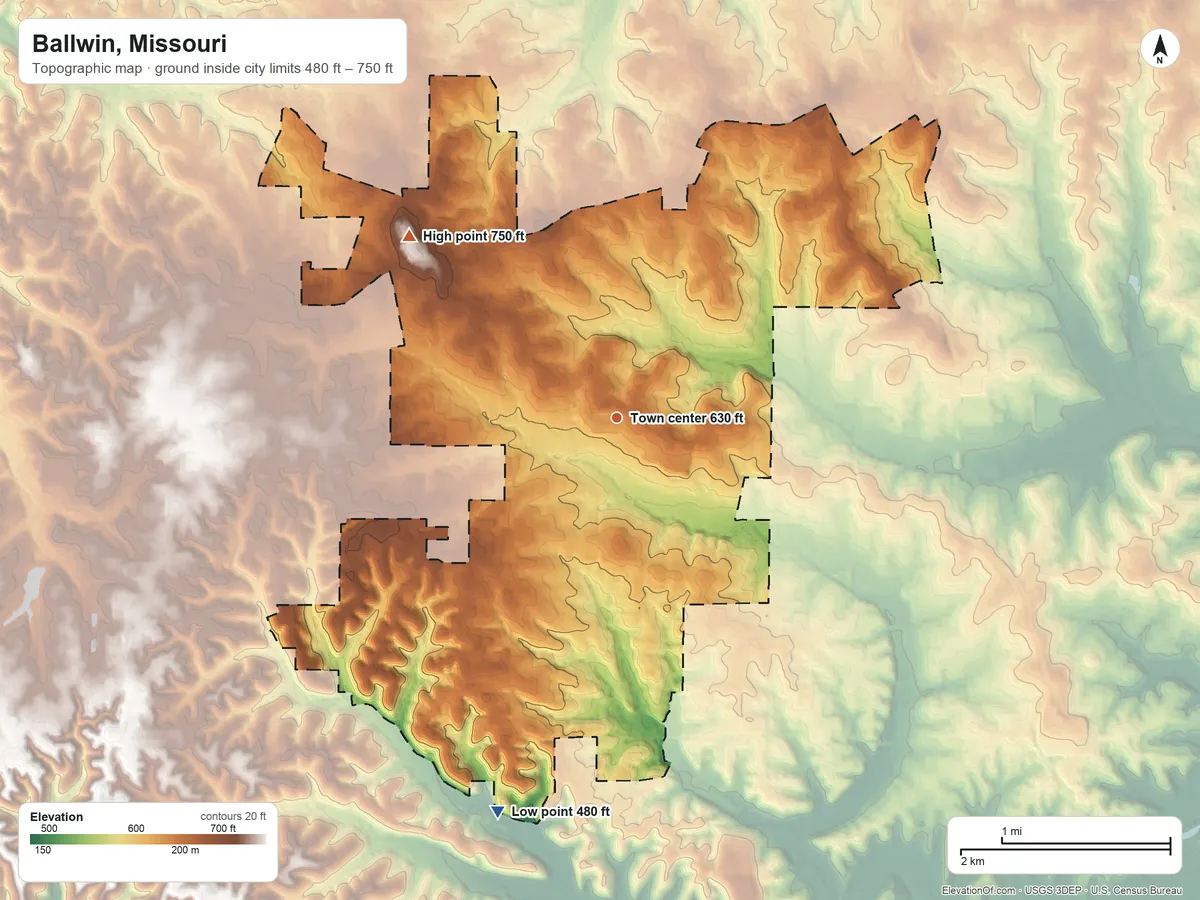 Topographic elevation map of Ballwin, Missouri, shaded from 480 ft on the south side to 750 ft on the northwest side