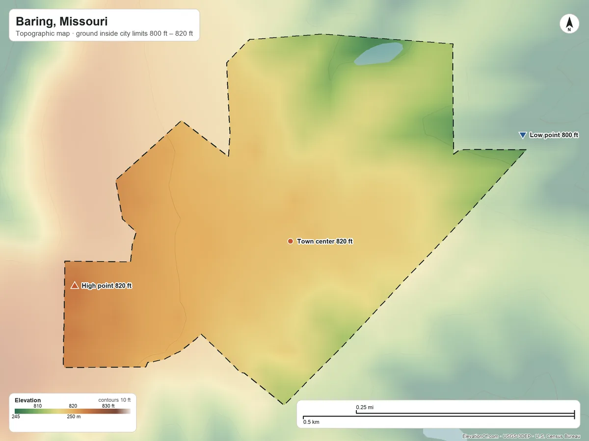 Topographic elevation map of Baring, Missouri, shaded from 800 ft on the northeast side to 820 ft on the west side