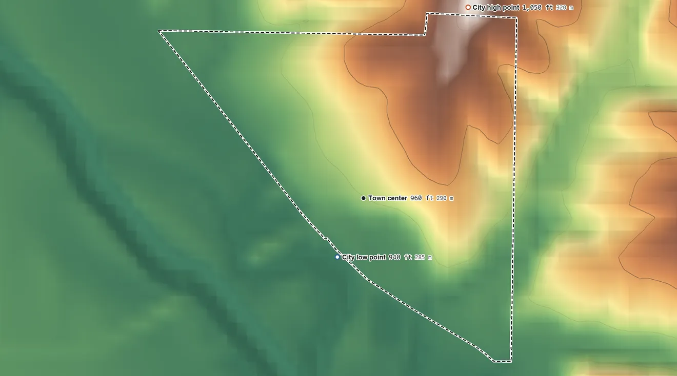 Topographic elevation map of Barnard, Missouri, shaded from 940 ft on the southwest side to 1,050 ft on the northeast side