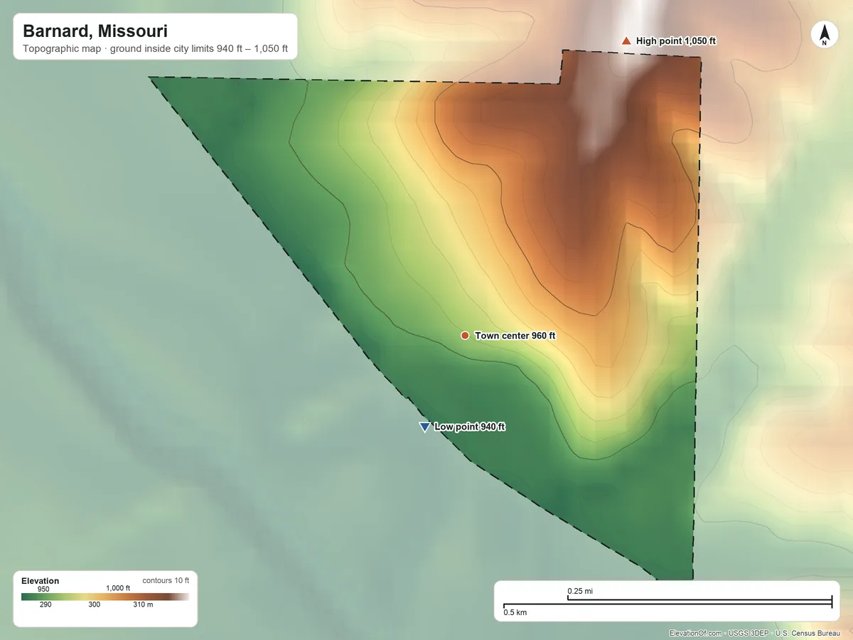 Topographic elevation map of Barnard, Missouri, shaded from 940 ft on the southwest side to 1,050 ft on the northeast side