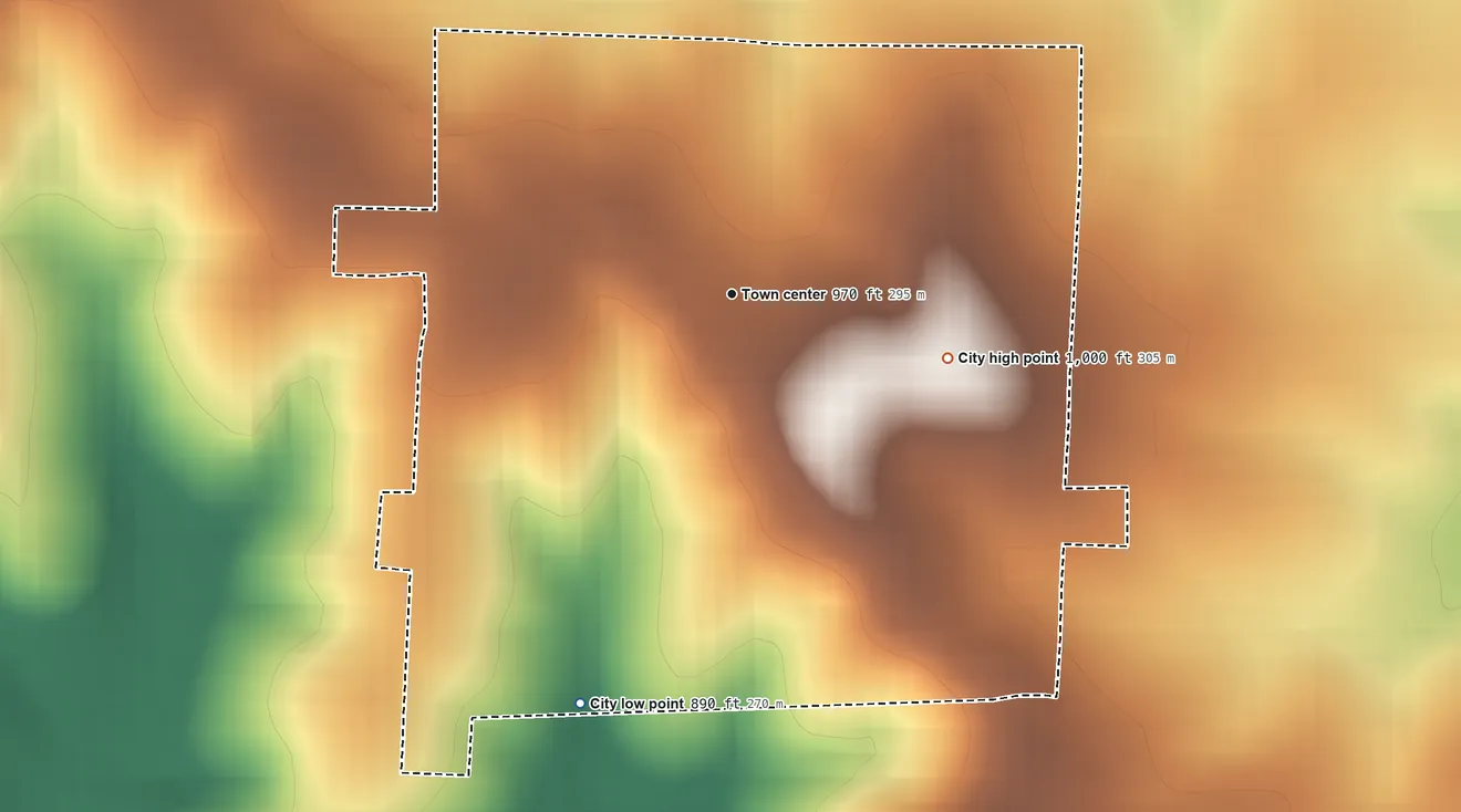 Topographic elevation map of Barnett, Missouri, shaded from 890 ft on the south side to 1,000 ft on the east side