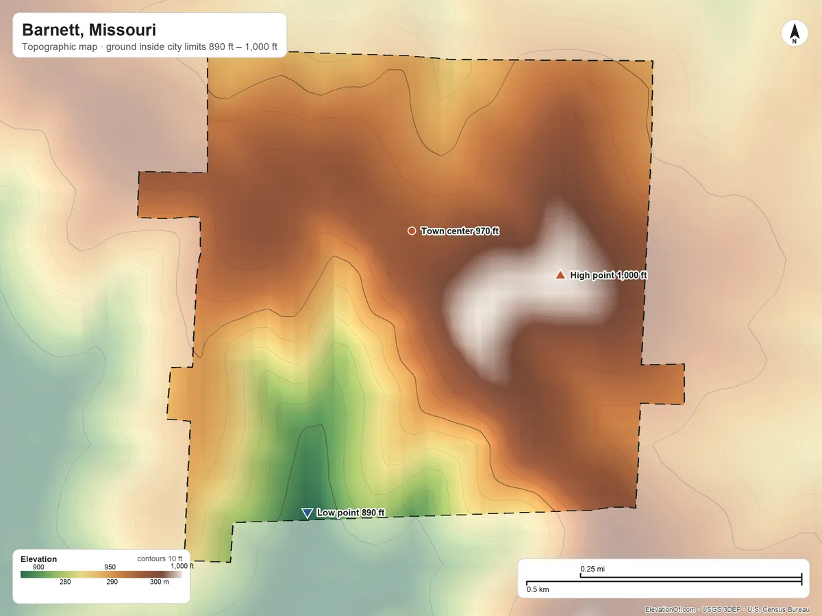 Topographic elevation map of Barnett, Missouri, shaded from 890 ft on the south side to 1,000 ft on the east side