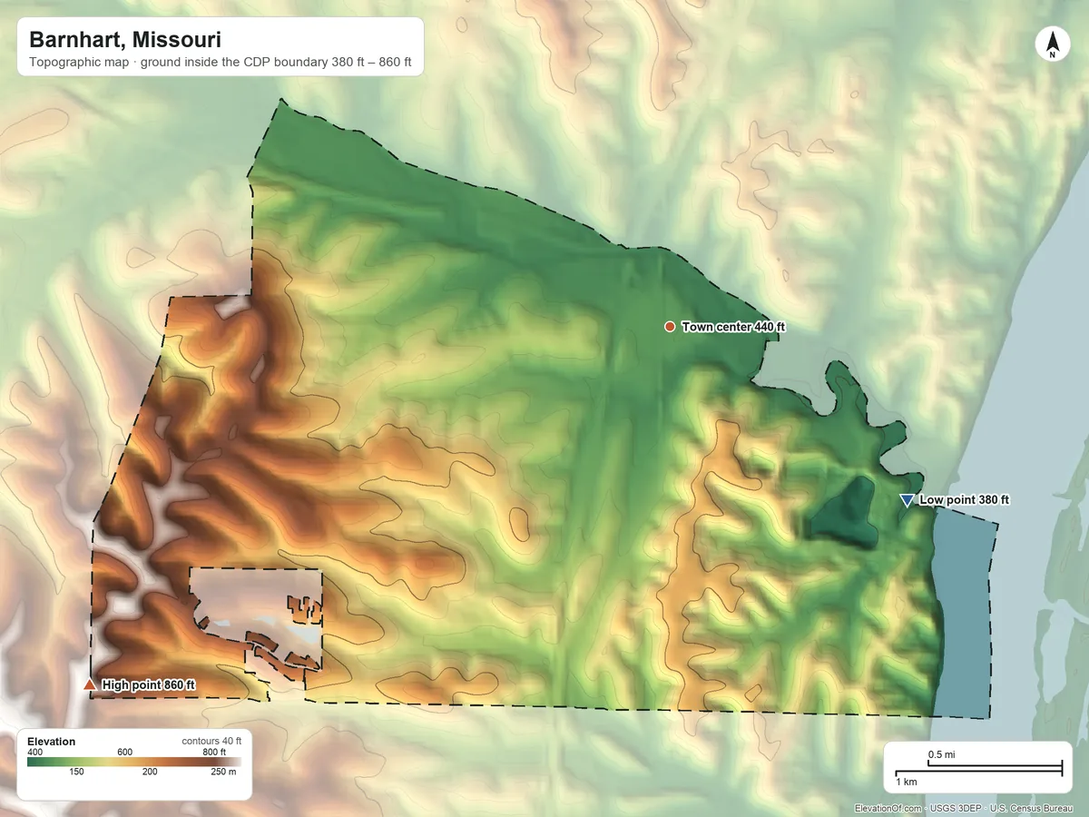 Topographic elevation map of Barnhart, Missouri, shaded from 380 ft on the southeast side to 860 ft on the southwest side