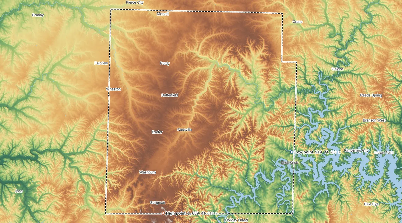 Topographic elevation map of Barry County, Missouri, shaded from 910 ft on the southeast side to 1,680 ft on the south side