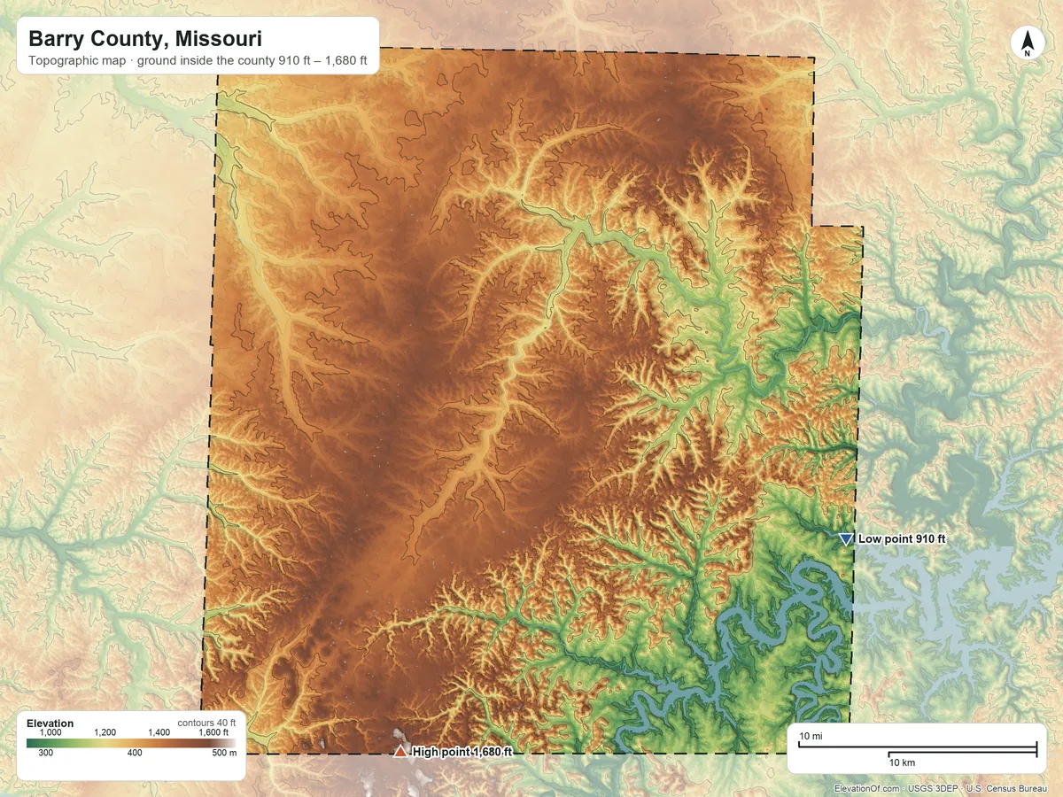 Topographic elevation map of Barry County, Missouri, shaded from 910 ft on the southeast side to 1,680 ft on the south side