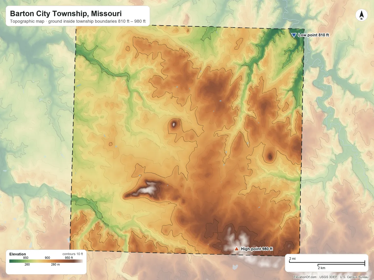 Topographic elevation map of Barton City Township, Missouri, shaded from 810 ft on the northeast side to 980 ft on the southeast side
