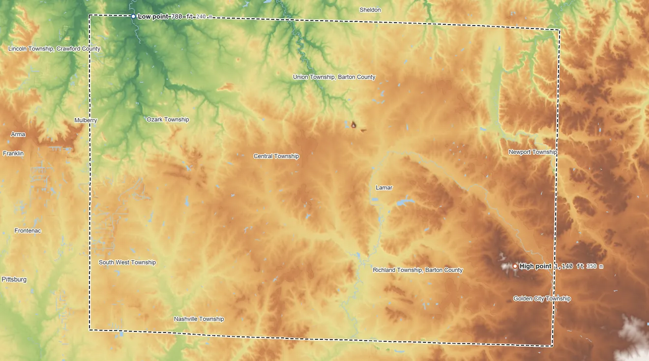 Topographic elevation map of Barton County, Missouri, shaded from 780 ft on the northwest side to 1,140 ft on the southeast side