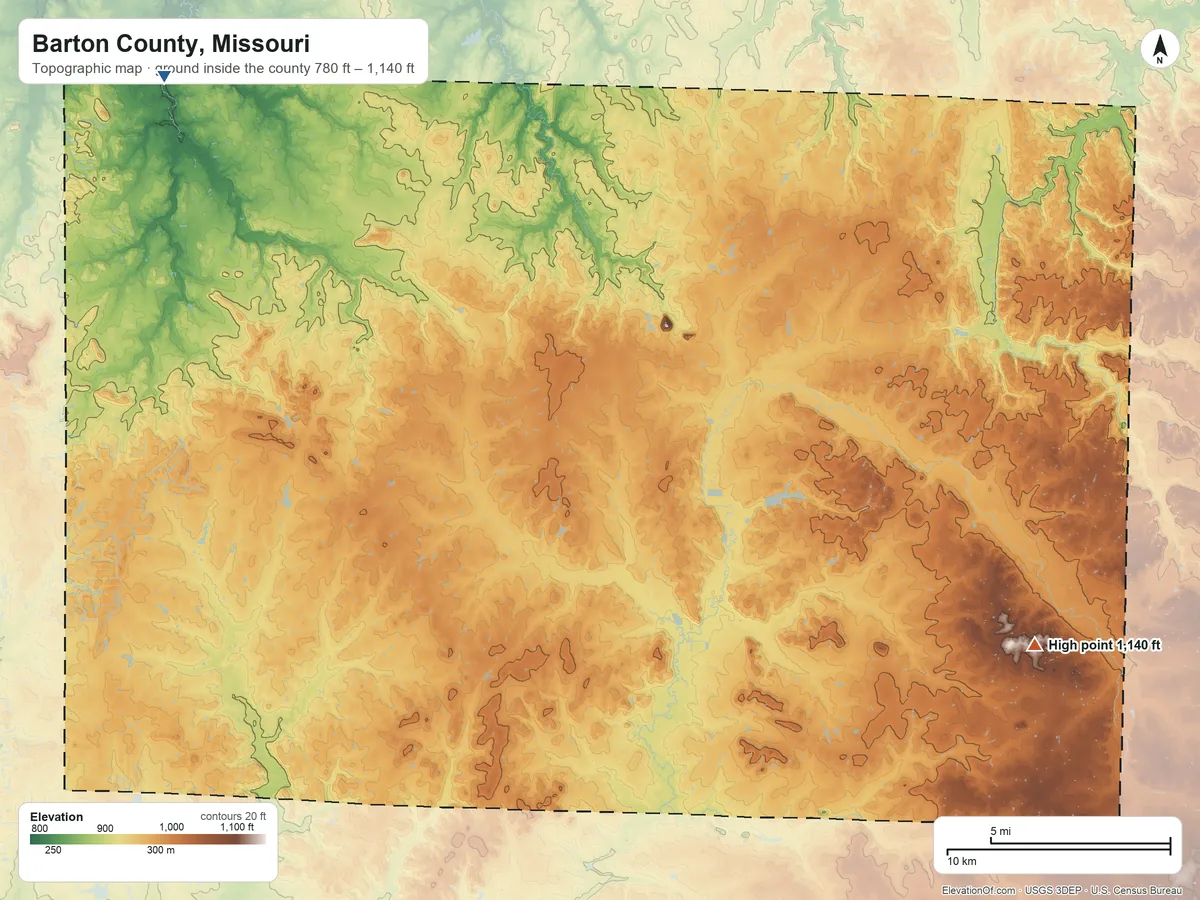 Topographic elevation map of Barton County, Missouri, shaded from 780 ft on the northwest side to 1,140 ft on the southeast side