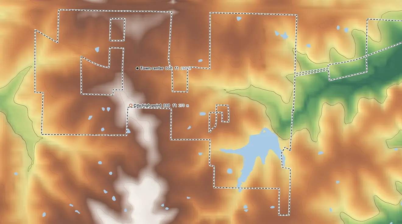 Topographic elevation map of Bates City, Missouri, shaded from 760 ft on the east side to 880 ft near the middle