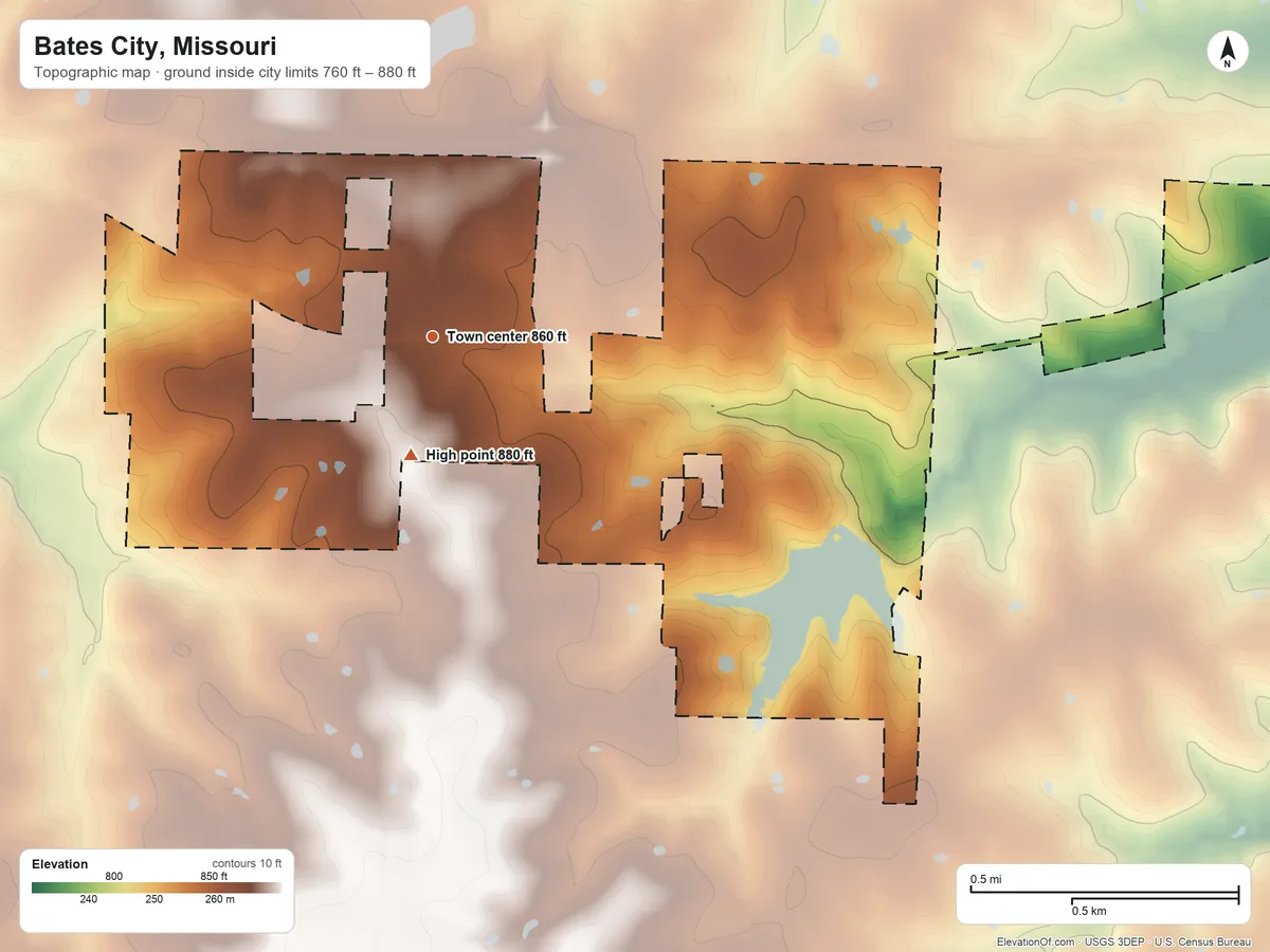 Topographic elevation map of Bates City, Missouri, shaded from 760 ft on the east side to 880 ft near the middle