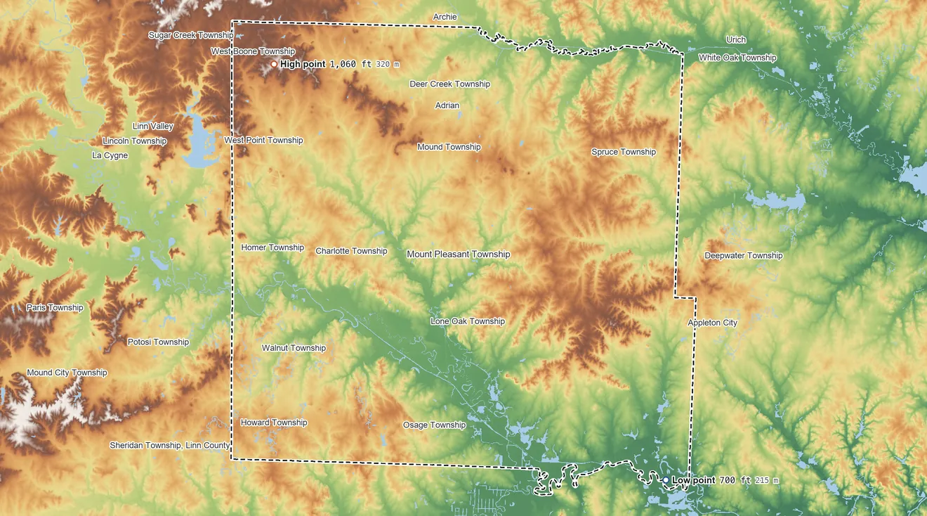 Topographic elevation map of Bates County, Missouri, shaded from 700 ft on the southeast side to 1,060 ft on the northwest side