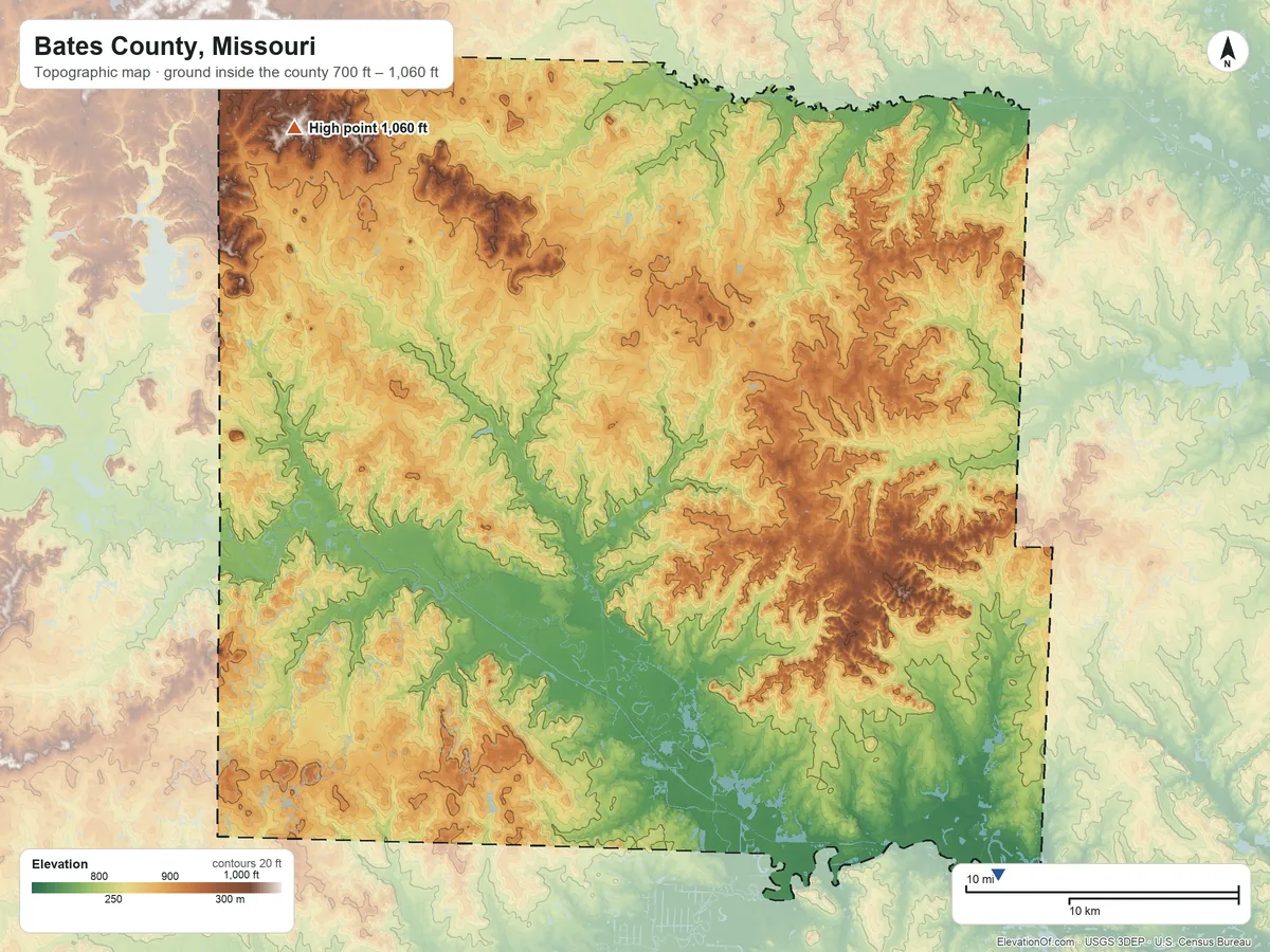 Topographic elevation map of Bates County, Missouri, shaded from 700 ft on the southeast side to 1,060 ft on the northwest side