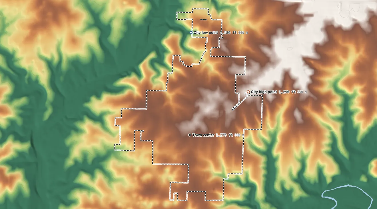 Topographic elevation map of Battlefield, Missouri, shaded from 1,180 ft on the north side to 1,290 ft on the northeast side