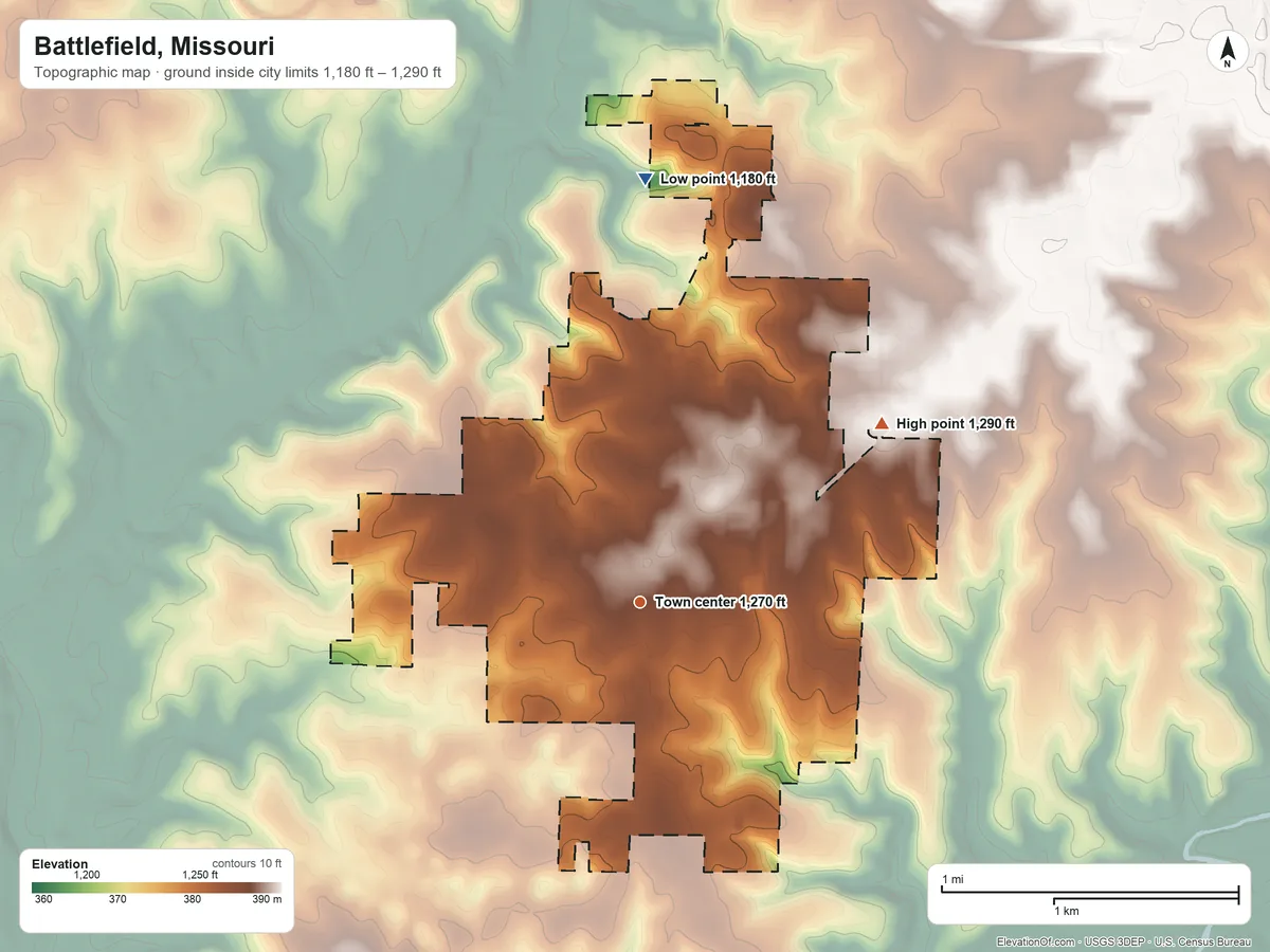 Topographic elevation map of Battlefield, Missouri, shaded from 1,180 ft on the north side to 1,290 ft on the northeast side