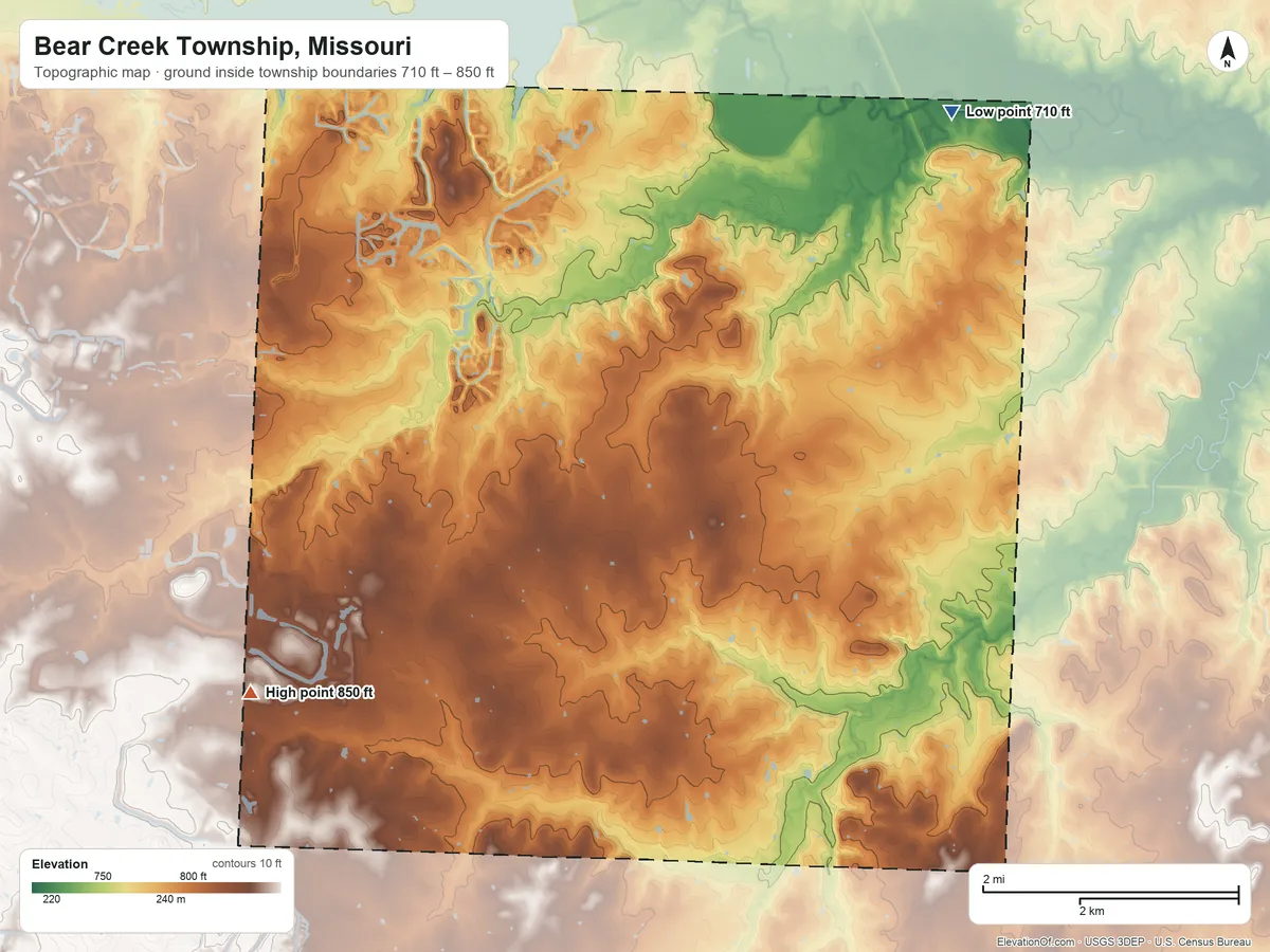 Topographic elevation map of Bear Creek Township, Missouri, shaded from 710 ft on the northeast side to 850 ft on the southwest side