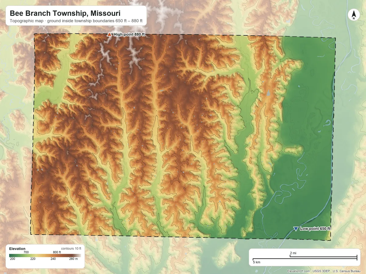 Topographic elevation map of Bee Branch Township, Missouri, shaded from 650 ft on the southeast side to 880 ft on the northwest side