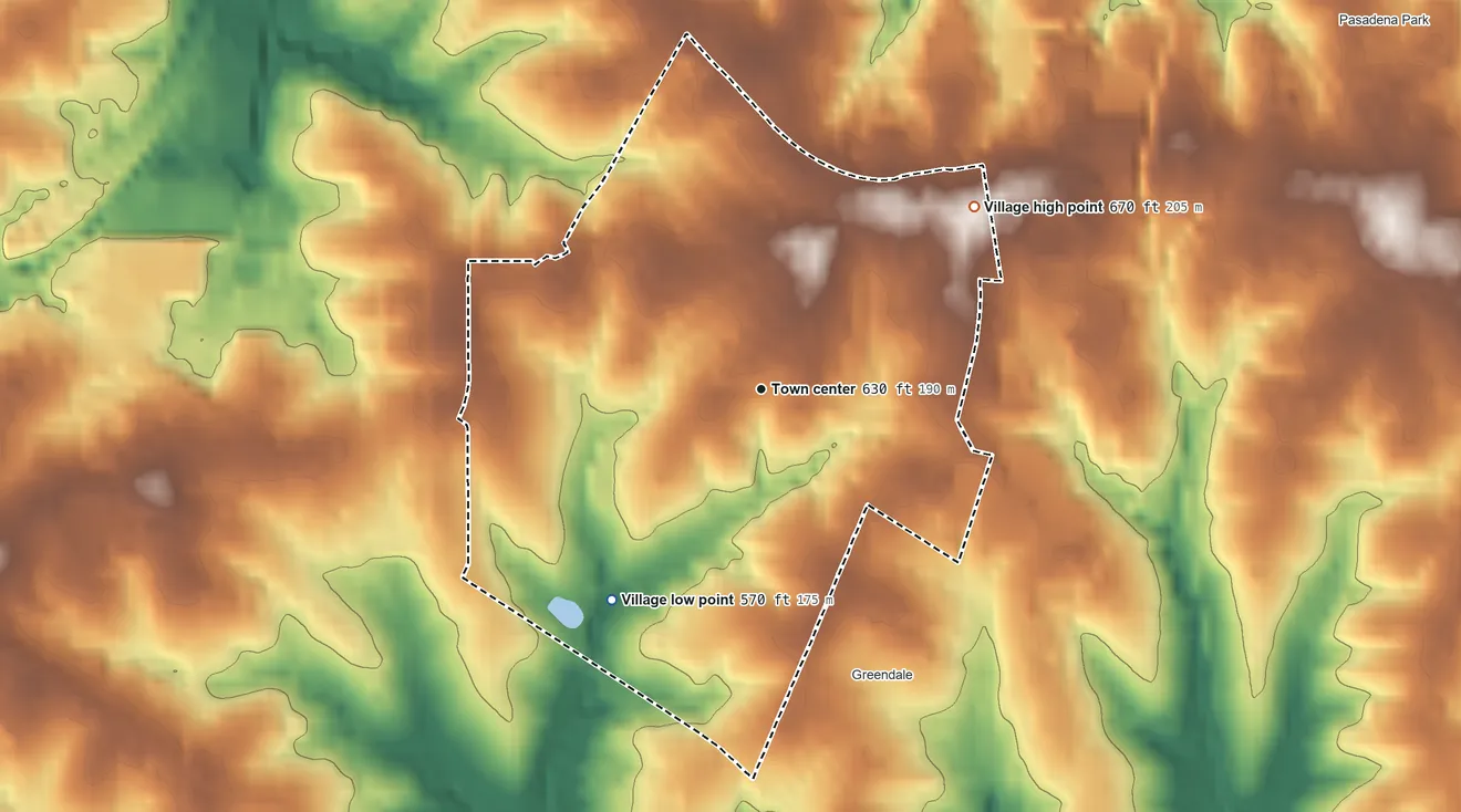 Topographic elevation map of Bel-Nor, Missouri, shaded from 570 ft on the southwest side to 670 ft on the northeast side