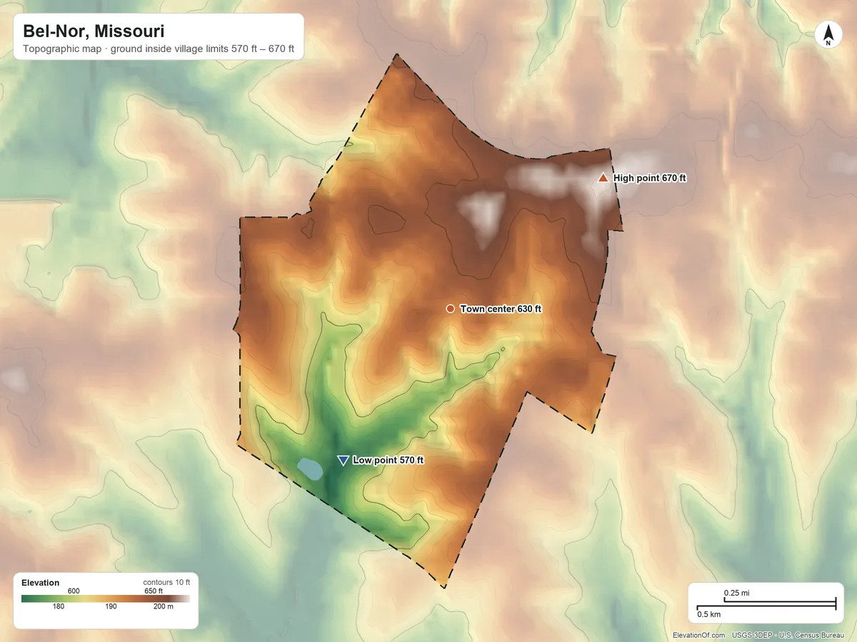 Topographic elevation map of Bel-Nor, Missouri, shaded from 570 ft on the southwest side to 670 ft on the northeast side