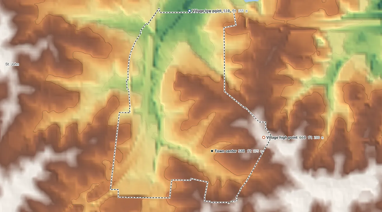 Topographic elevation map of Bel-Ridge, Missouri, shaded from 510 ft on the north side to 660 ft on the east side