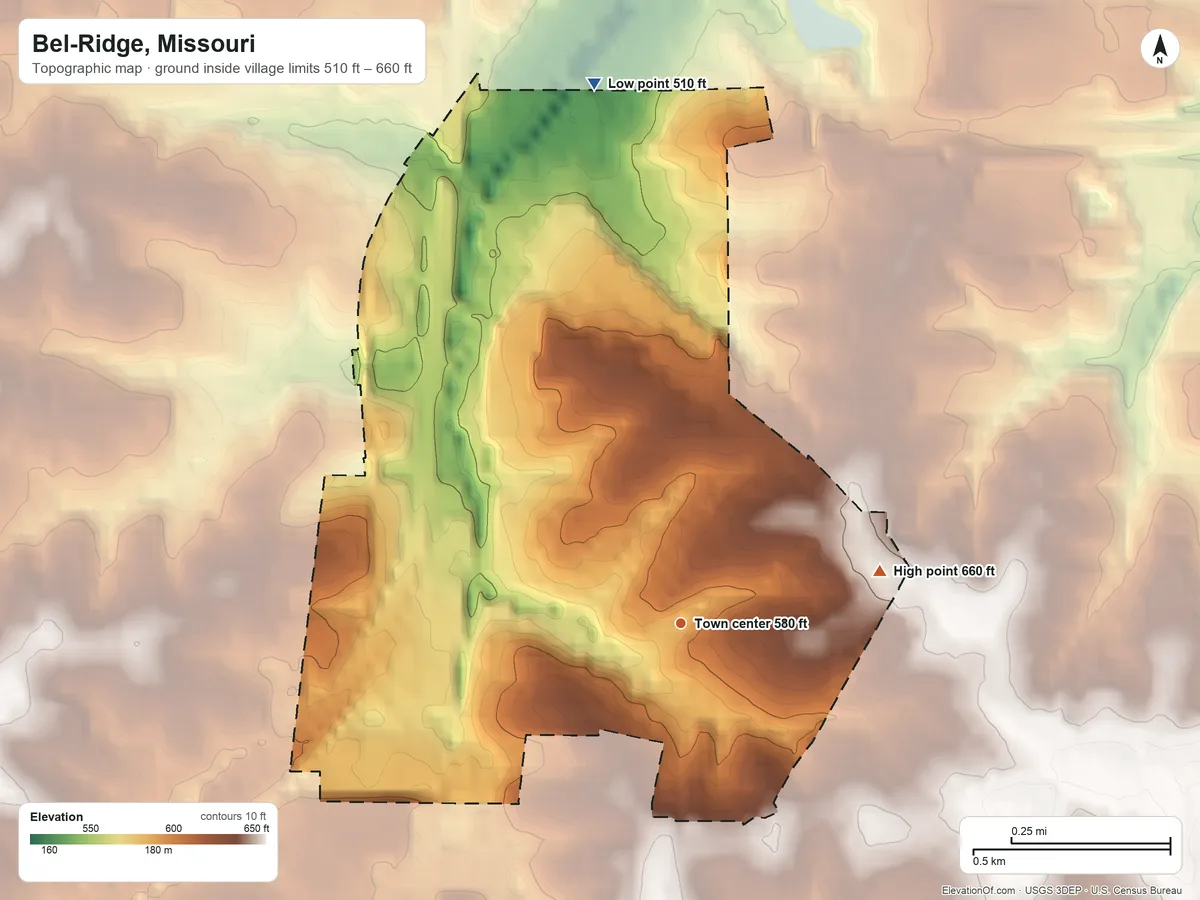 Topographic elevation map of Bel-Ridge, Missouri, shaded from 510 ft on the north side to 660 ft on the east side