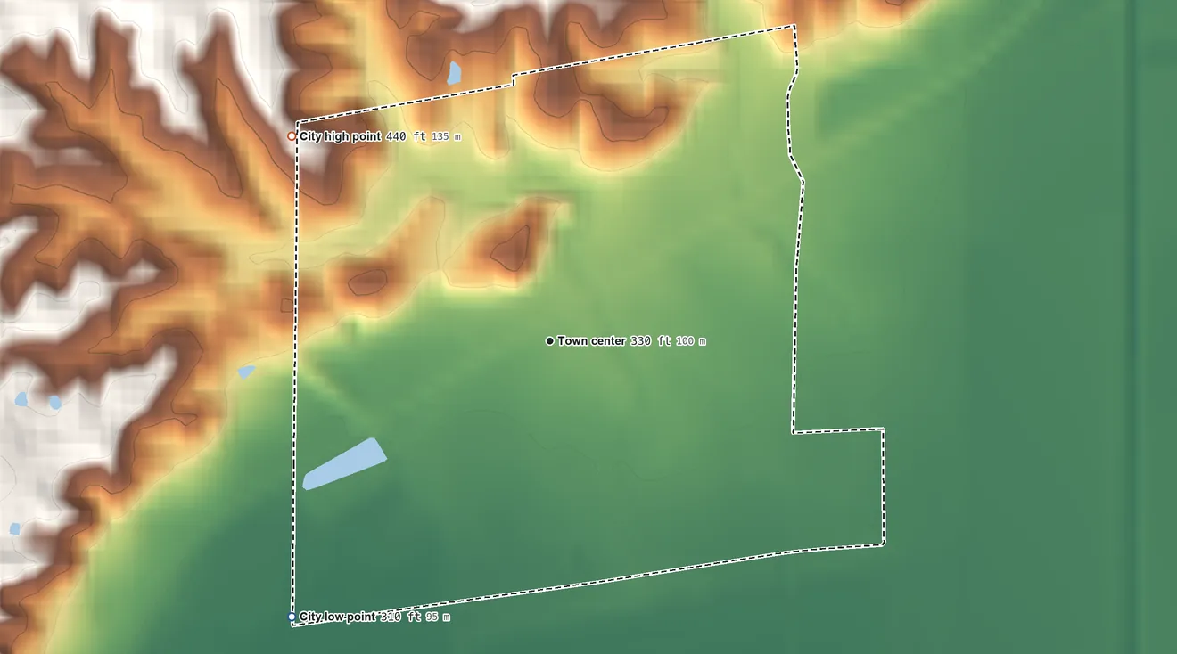 Topographic elevation map of Bell City, Missouri, shaded from 310 ft on the southwest side to 440 ft on the northwest side