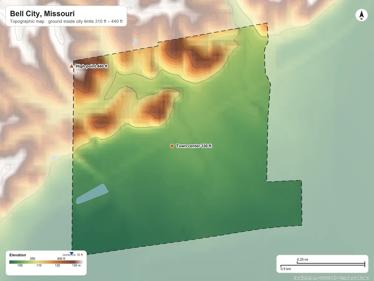 Topographic elevation map of Bell City, Missouri, shaded from 310 ft on the southwest side to 440 ft on the northwest side