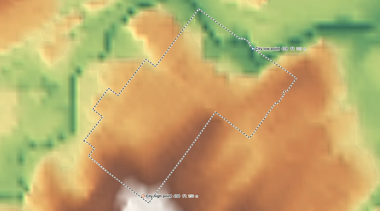 Topographic elevation map of Bella Villa, Missouri, shaded from 410 ft on the northeast side to 490 ft on the south side